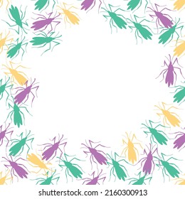 Marco vectorial, borde de mosquitos, polillas o escarabajos de color rosa, verde, amarillo y plano. Fondo multicolor, decoración con insectos, parásitos, plagas