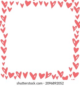Vector frame, border from small red hearts. Simple romance symbol of love, background, decoration for invitation, Valentine's day, greeting card, wedding