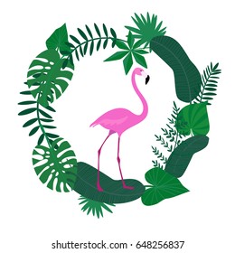 a vector frame or border with tropical leaves and pink flamingo; great for cards or posters