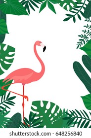 a vector frame or border with tropical leaves and pink flamingo; blank to place any text or logo; great for cards or posters