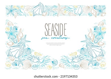 Vector frame, border, vignettes, corners of line art tropical sea elements, seashells, starfish. Doodles of marine life. Sea decor for scrapbook, card, design. Ocean, sea maritime illustration