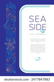 Vector frame, border, vignettes, corners of line art tropical sea elements, seashells, starfish. Doodles of marine life. Sea decor for scrapbook, card, design. Ocean creatures. Maritime illustration