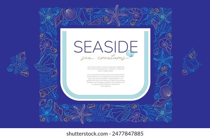 Vector frame, border, vignettes, corners of line art tropical sea elements, seashells, starfish. Doodles of marine life. Sea decor for scrapbook, card, design. Ocean creatures. Maritime illustration