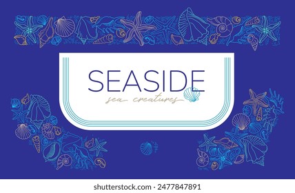 Vector frame, border, vignettes, corners of line art tropical sea elements, seashells, starfish. Doodles of marine life. Sea decor for scrapbook, card, design. Ocean creatures. Maritime illustration