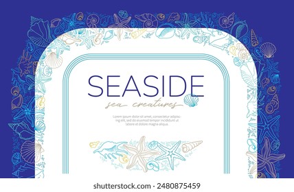 Vector frame, border, vignettes, corners of line art tropical sea elements, seashells, starfish. Doodles of marine life. Sea decor for scrapbook, card, design. Ocean creatures. Maritime illustration