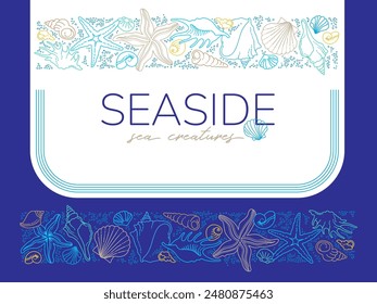 Vector frame, border, vignettes, corners of line art tropical sea elements, seashells, starfish. Doodles of marine life. Sea decor for scrapbook, card, design. Ocean creatures. Maritime illustration