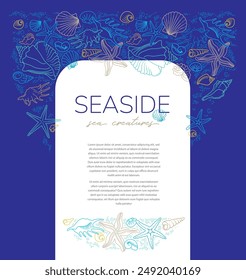 Vector frame, border, vignettes, corners of line art tropical sea elements, seashells, starfish. Doodles of marine life. Sea decor for scrapbook, card, design. Ocean creatures. Maritime illustration