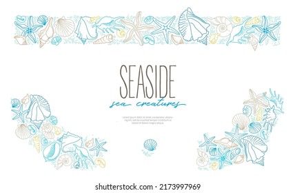 Vector frame, border, vignettes of line art tropical sea elements, seashells, starfish. Doodles of marine life. Sea decor for scrapbook, card, illustration, design. Ocean, sea creatures. Maritime