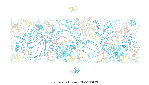 Vector frame, border, vignettes of line art tropical sea elements, seashells, starfish. Doodles of marine life. Sea decor for scrapbook, card, design. Ocean, sea creatures. Maritime illustration