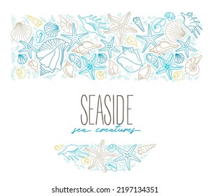 Vector frame, border, vignettes of line art tropical sea elements, seashells, starfish. Doodles of marine life. Sea decor for scrapbook, card, decoration, design. Ocean, sea, maritime illustration