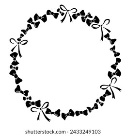 Vector frame, border, wreath from black flat bows, ribbons. Simple background, decoration for girls design, holidays