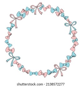 Marco vectorial, borde, corona de arcos azules rosados, cintas. Fondo sencillo, decoración en estilo doodle para el diseño de las niñas, vacaciones