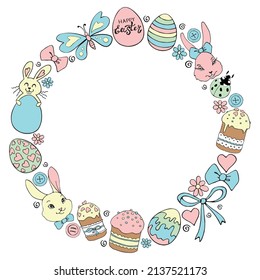 Vector frame, border, wreath from color traditional Easter elements: ornamental eggs, bunnies, cakes, flowers, bows. Simple holiday background, decoration in doodle flat style