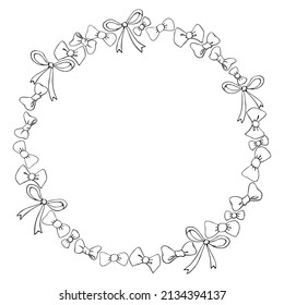 Vector frame, border, wreath from outline bows, ribbons. Simple background, decoration in doodle style for girls design, holidays