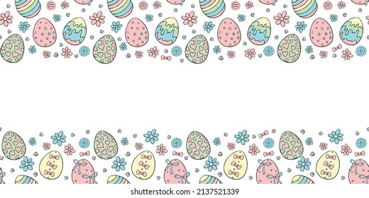 Vector frame, borders with color ornamental easter eggs, flowers. Horizontal top and bottom edging, background, decoration for greeting card, holiday decor