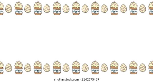 Vector frame, borders with color outline Easter cakes and eggs. Horizontal top and bottom edging, background, decoration with traditional holiday food for greeting card, holiday decor