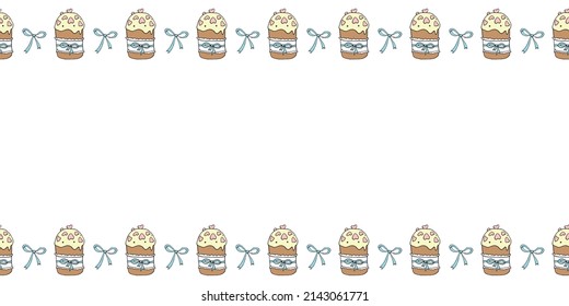 Vector frame, borders with color outline bows, Easter cakes. Horizontal top and bottom edging, background, decoration for greeting card, holiday decor