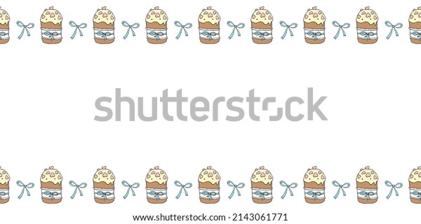 Vector frame, borders with color outline\
bows, Easter cakes. Horizontal top and bottom edging, background,\
decoration for greeting card, holiday\
decor