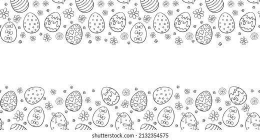 Vector frame, borders with outline ornamental easter eggs, flowers. Horizontal top and bottom edging, background, decoration for greeting card, holiday decor, coloring