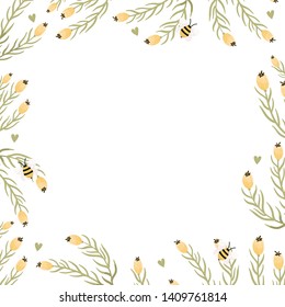 Vector frame botanic. Wildflowers, herbs, leaf. collection garden and wild foliage, summer flowers, branches. illustration isolated on white background. Hand draw. 