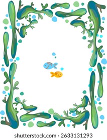 Vector frame with botanical elements and fish. Plants, algae, and abstract green lines on a separate background.