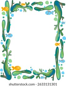 Vector frame with botanical elements and fish. Plants, algae, and abstract green lines on a separate background.