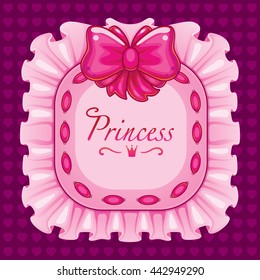 vector Frame with a bow and ribbon. pink pillow with the word Princess. decoration for the little girl. in the shape of a rectangle in the background with hearts