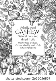 Vector frame with a branch of blooming cashew in engraving style. Graphic banner with nuts on a tree. Template with the cultivation of a healthy snack. Nuts in shell and in cut. Cashew fruit