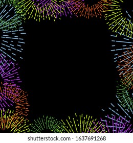 Vector frame of bright fireworks on a black background, square shape. For advertising, banners, invitations, cards, holidays, parties, fun and so on.