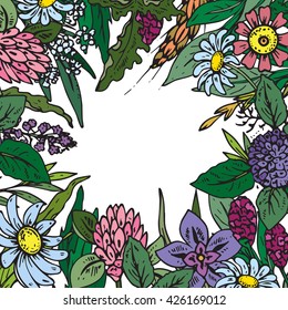 Vector frame with bright wildflowers and herbs for invitation card for greeting card or invitation on white background