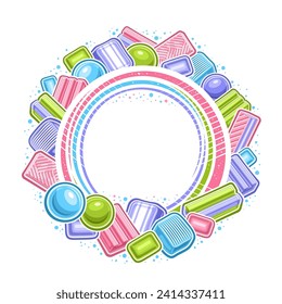 Vector frame for Bubble Gum with copy space for ad text, decorative signboard with cartoon design vivid yummy bubble gums, circle layout with group of many different bubblegums on white background