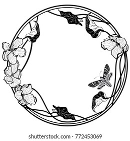 vector frame with butterfly and apple flowers in black and white