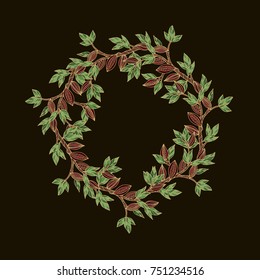 Vector frame with cacao plant and cacao bean on black background