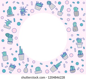 Vector Frame With Cactus Design.  Composition With Round Border In Doodle Style.