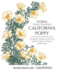 Vector frame of California poppies in engraving style