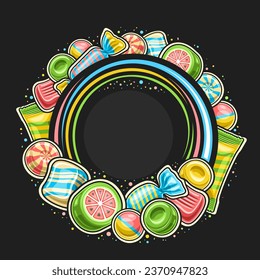 Vector frame for Candy Shop with blank copy space for text, decorative sign board with illustration of multi colored hard candies in foil package, variety bubblegums and group of cartoon chewy candies