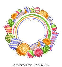 Marco vectorial para Candy Shop con espacio de copia vacío para el texto del anuncio, tablero de signos decorativo con ilustración de caramelos duros de envoltura multicolor, soplones variados y grupo de varios caramelos de mascar