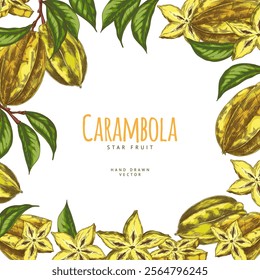 A vector frame with carambola fruits, made in a hand-drawn style, with yellow star-shaped fruits, green leaves on a white background. Healthy tropical ingredients.