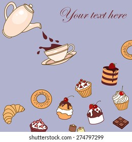 vector frame card invitation with cakes and coffee