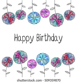 Vector frame card with pink, blue flowers of watercolor blot and hand-drawn elements. On white background. Grouped isolated. Happy Birthday