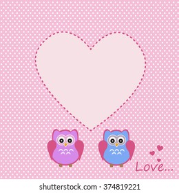 Vector frame, card with a romantic theme. Love owls and hearts in delicate pink background