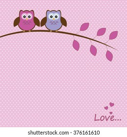 Vector frame, card with a romantic theme. Love owls sitting on a branch on a pink background, there's space for photo or text