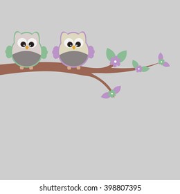 Vector frame, card with a romantic theme. Owl sitting on flowered tree.