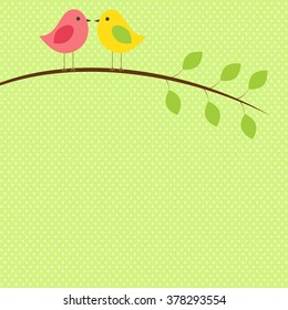 Vector frame card for the spring theme. Birds sitting on the tree. Made in bright spring colours, there's space for photo or text.