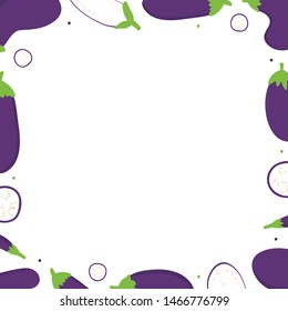 Vector frame, card template with cartoon style eggplant, aubergine and dots.