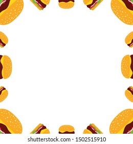 Vector frame, card template with cartoon cheeseburgers, burgers for fast food, delievery design.