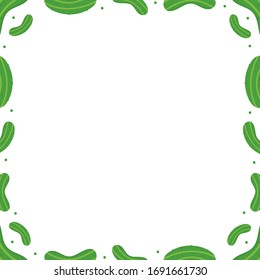 Vector frame, card template with cartoon style green cucumbers, pickles and dots.