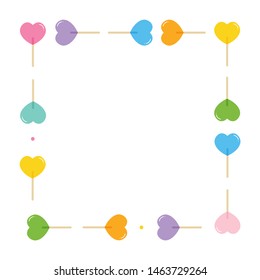 Vector frame, card template with colorful cartoon style heart-shaped lollipops, candies, sweets.