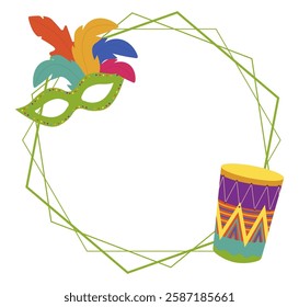 Vector frame for carnival with place for text. Frame with bright mask and drum. Flat style illustration