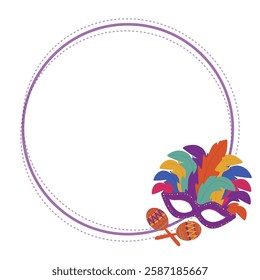 Vector frame for carnival with place for text, round concept with colorful mask. Flat style illustration